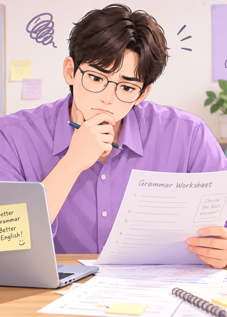 영어 문법 학습지 제작을 고민하는 영어 선생님